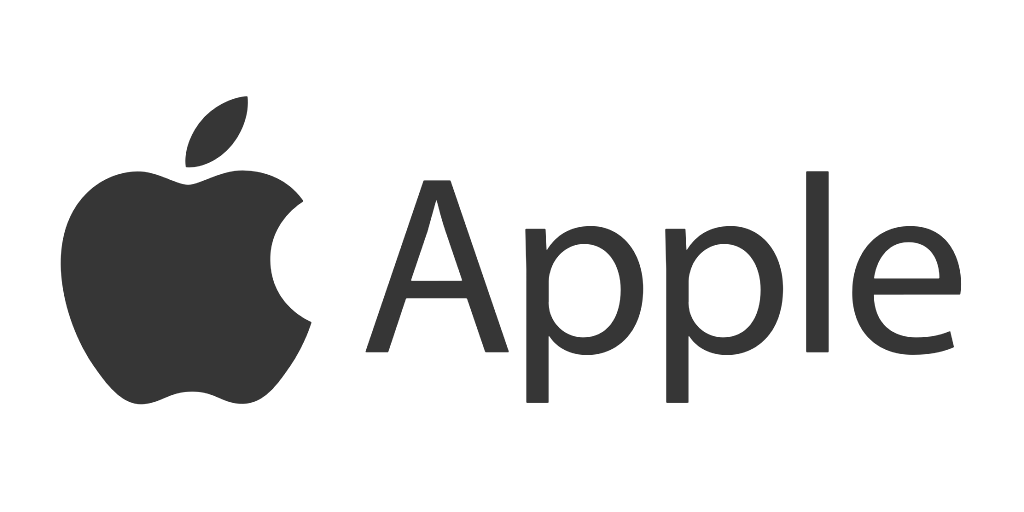 Apple logo with black apple icon and gray “Apple” text on a white background