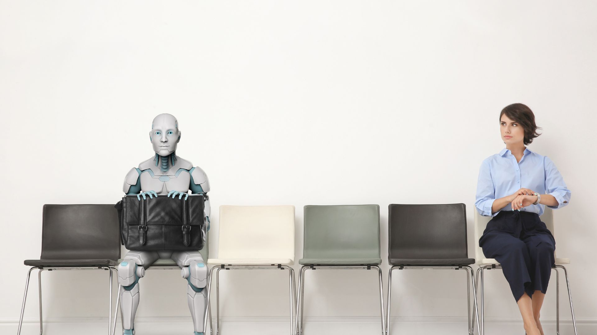 Human job candidate and robot waiting for an interview, representing AI's growing role in the hiring