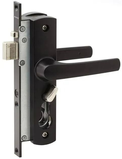 Black Door Lock With Lever Handles and a Keyhole — Innisfail Glass & Aluminium in Innisfail, QLD