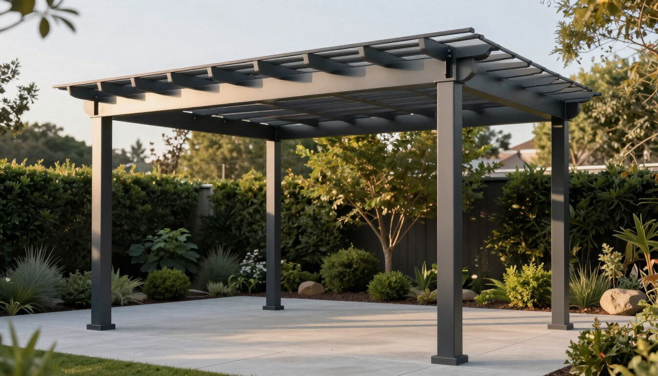 Modern metal pergola over a concrete patio in a landscaped backyard garden
