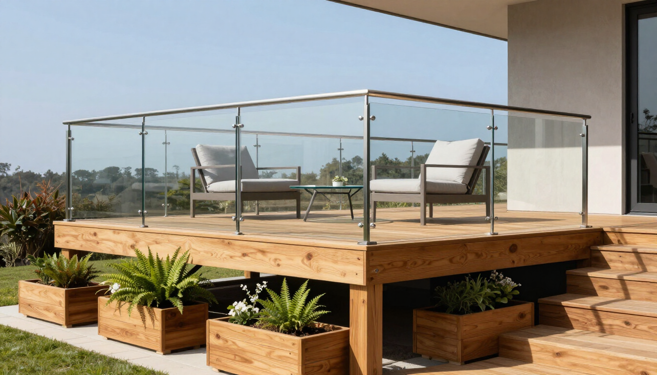 Modern rooftop deck with glass railing, wooden platform, lounge chairs, and potted plants