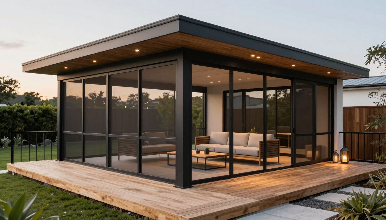 Modern glass-walled patio pavilion with a flat roof and wooden deck at sunset