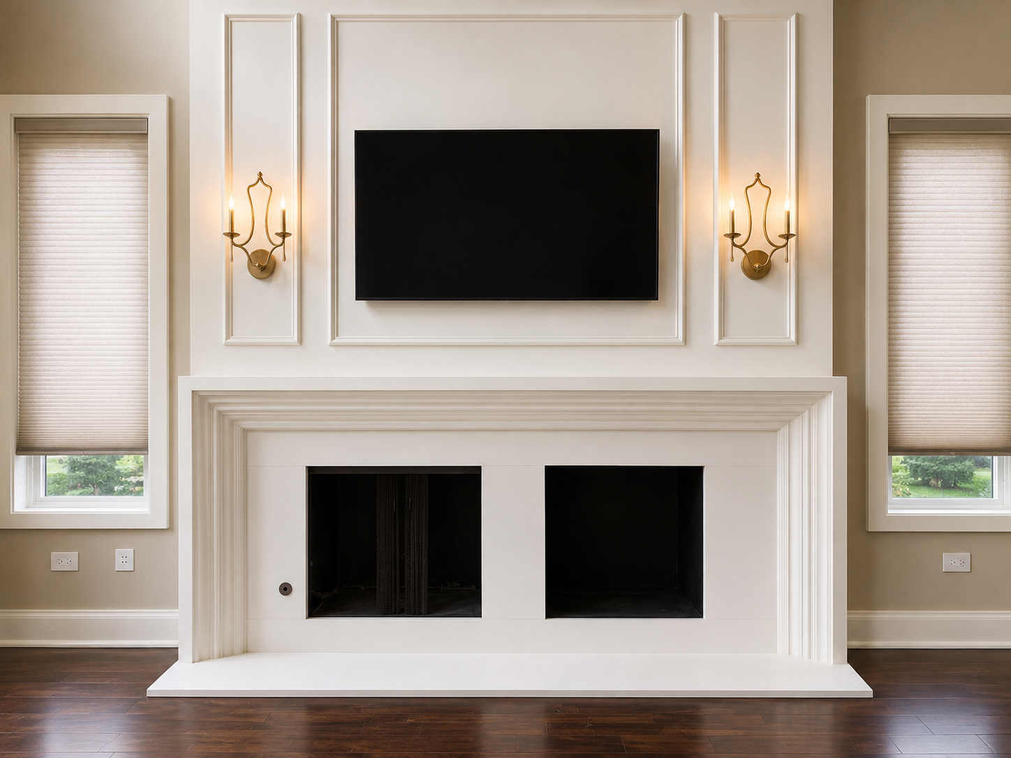 Living room fireplace with wall-mounted TV, flanked by sconces and windows with blinds