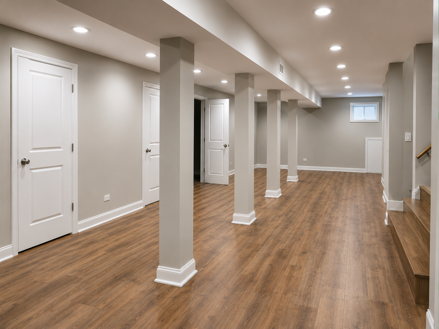 Empty finished basement with gray walls, white columns, recessed lights, and wood-look flooring.