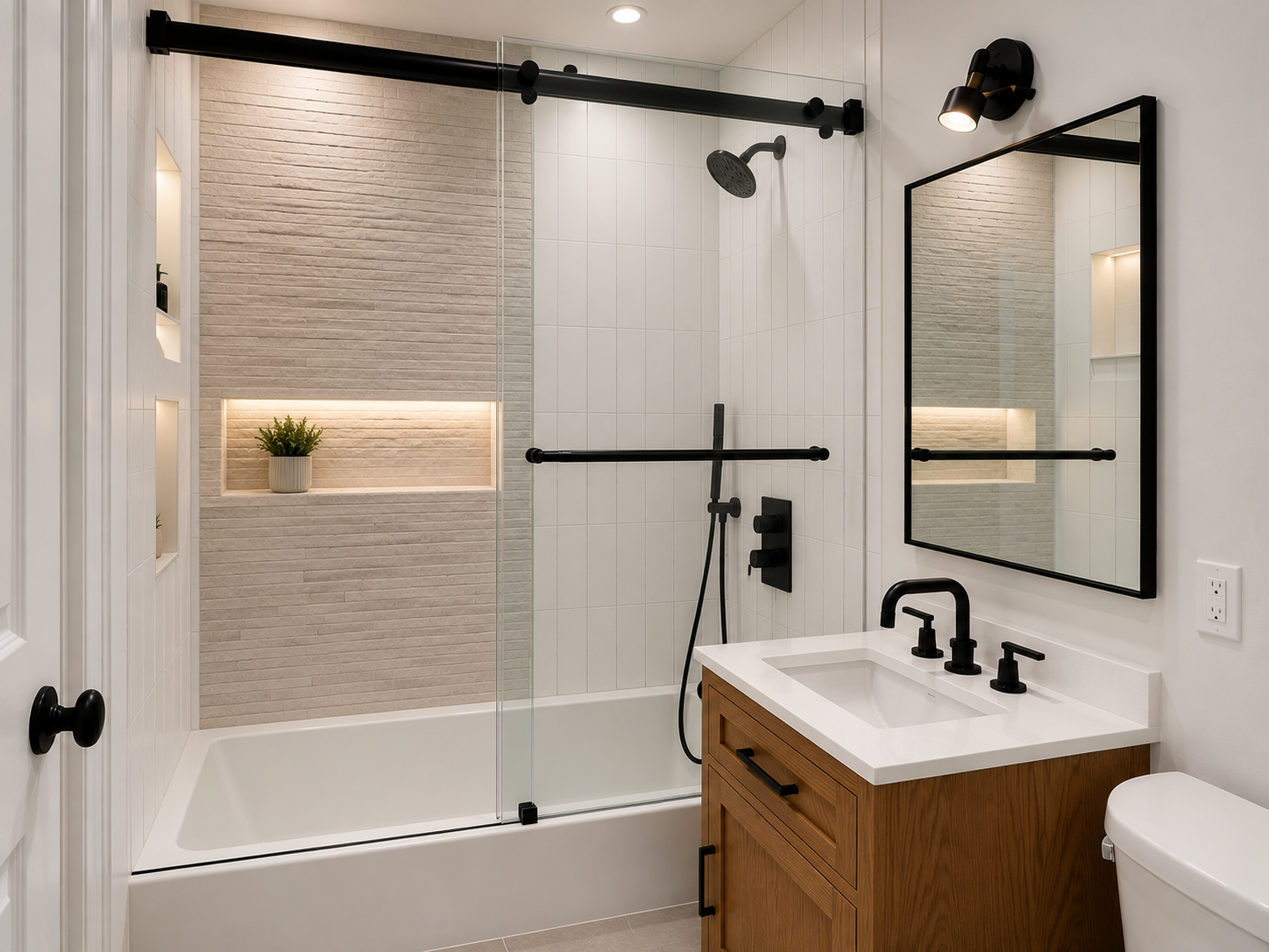 Modern bathroom with a white tub-shower, textured tile wall, and wood vanity with black fixtures.
