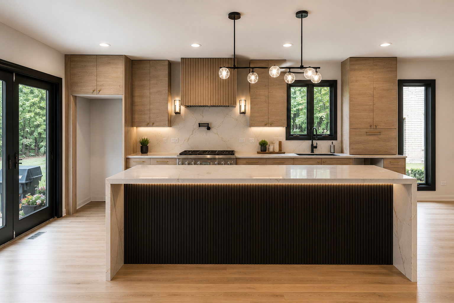 Modern open kitchen with wood cabinetry, black island panel, pendant lights, and large windows