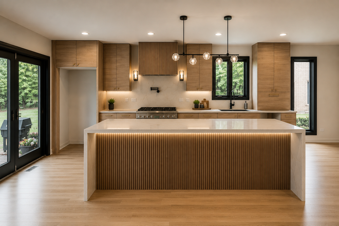 Modern kitchen with wood cabinetry, large island, pendant lights, and warm under-cabinet lighting
