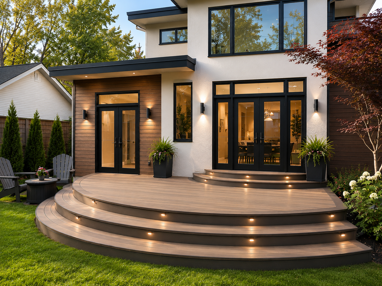 Modern house exterior with curved illuminated stone steps and large black-framed windows at dusk