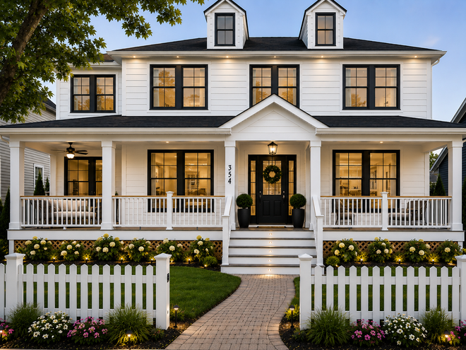 White two-story house with lit windows, porch, white picket fence, and a flower-lined walkway at dusk