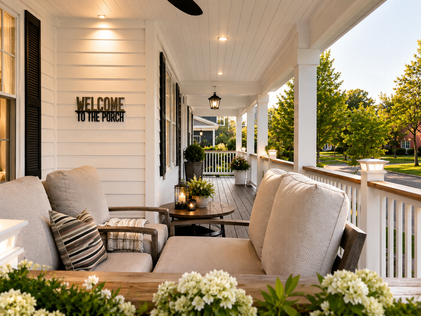 Cozy front porch with cushioned chairs, white siding, and a “Welcome to the porch” sign.