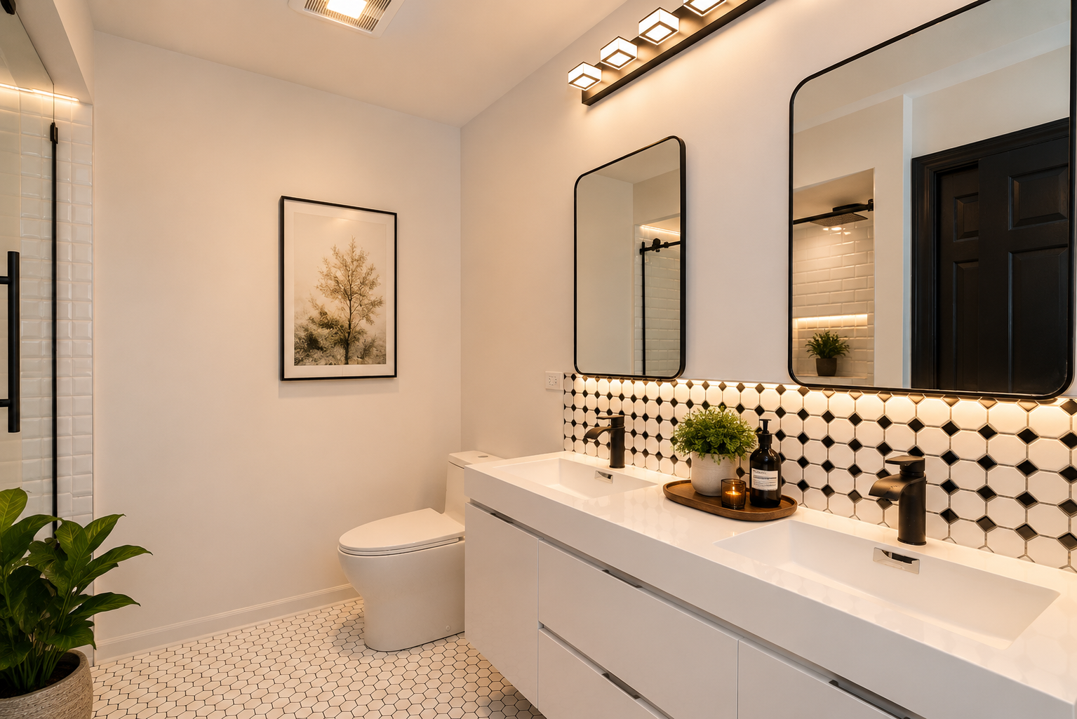 Modern bathroom with white vanity, black-and-white tile backsplash, wall art, mirror, and potted plant.