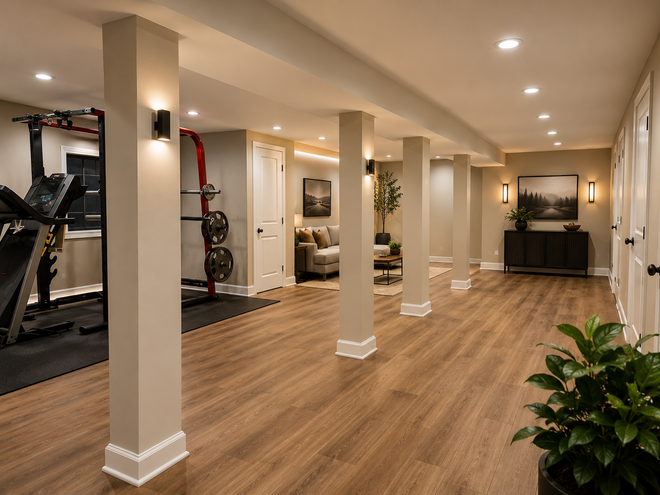 Empty indoor gym with wood floors, white columns, exercise equipment, and potted plants.