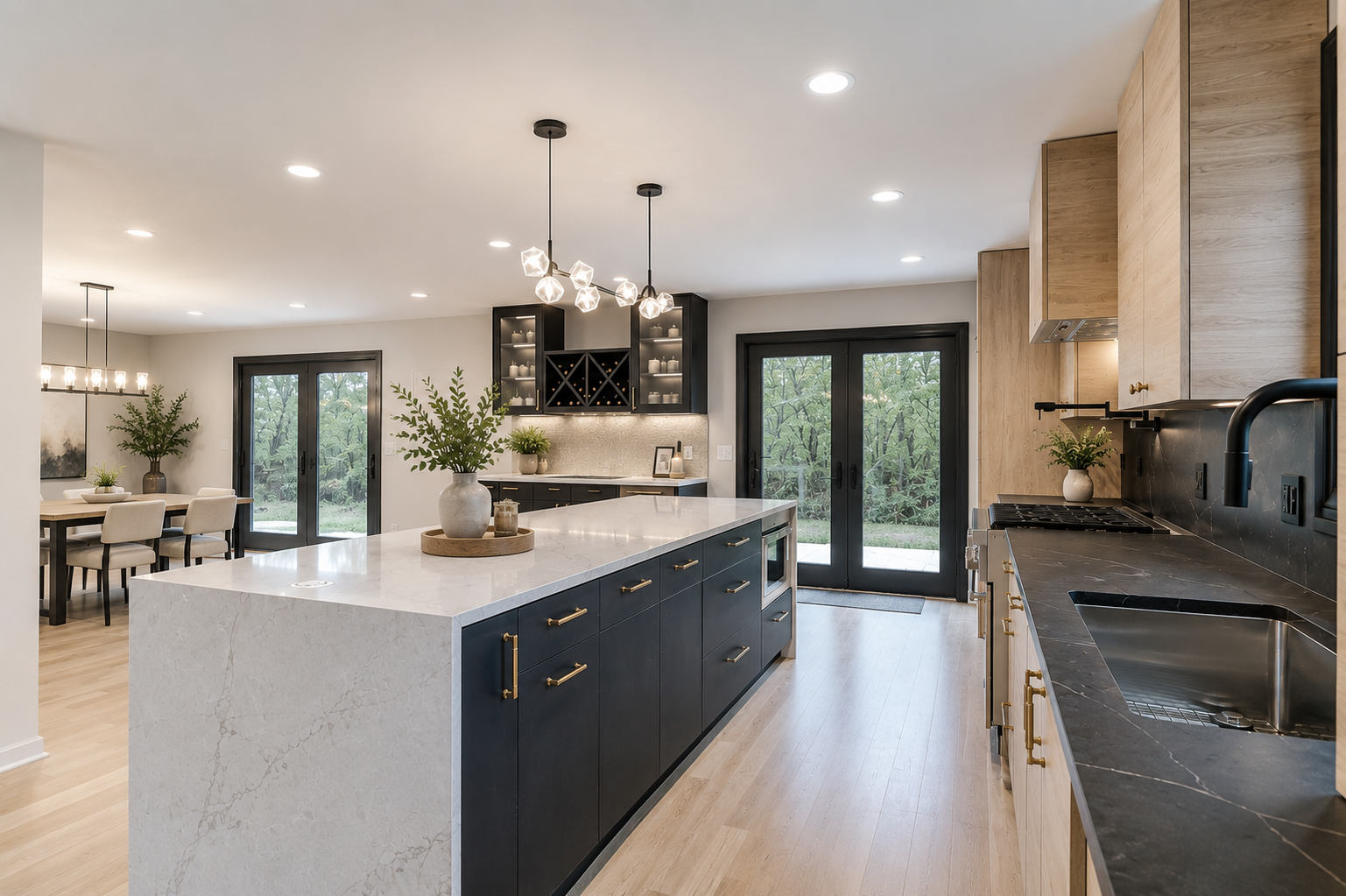 Bright modern kitchen with white island, dark cabinets, pendant lights, and double glass doors