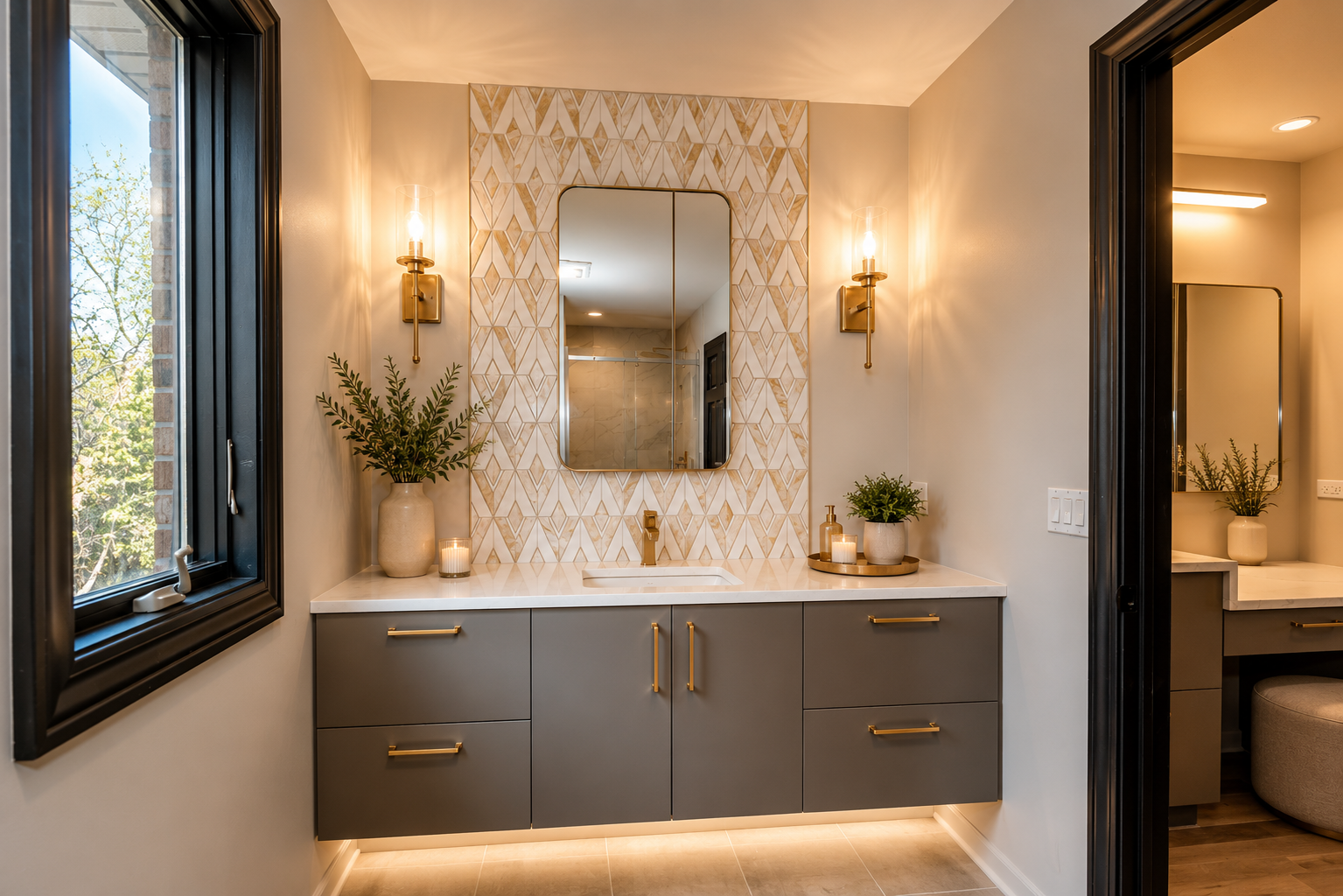 Modern bathroom vanity with mirror, sconces, gray cabinets, and warm under-cabinet lighting