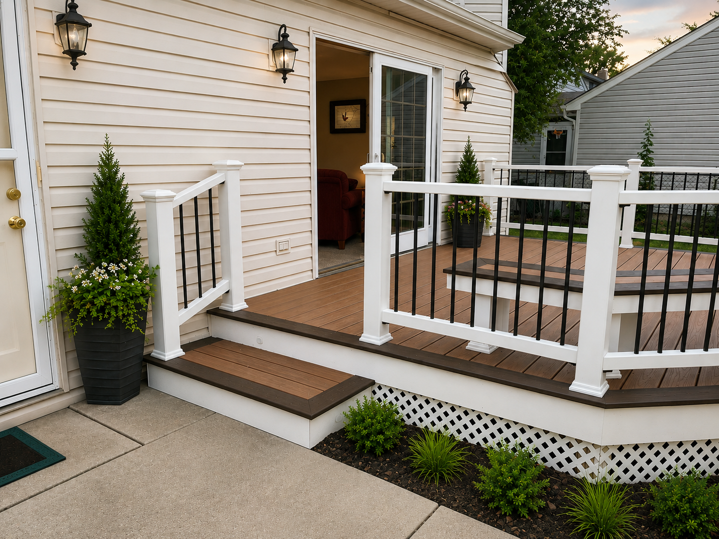 Front porch with white railing, brown steps, potted plants, and an open door on a house exterior