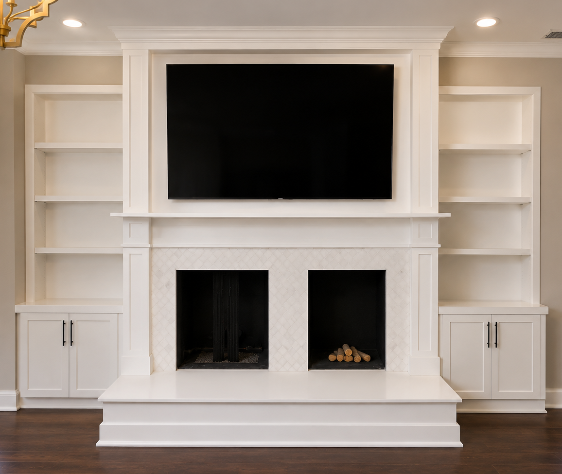 Modern white built-in fireplace wall with large TV and shelving on both sides, dark wood floor.