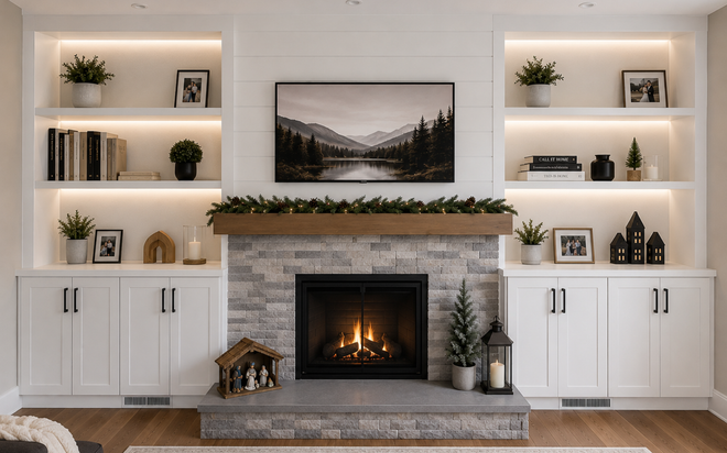 Cozy living room fireplace with built-in white shelves, framed art, plants, and warm recessed lighting
