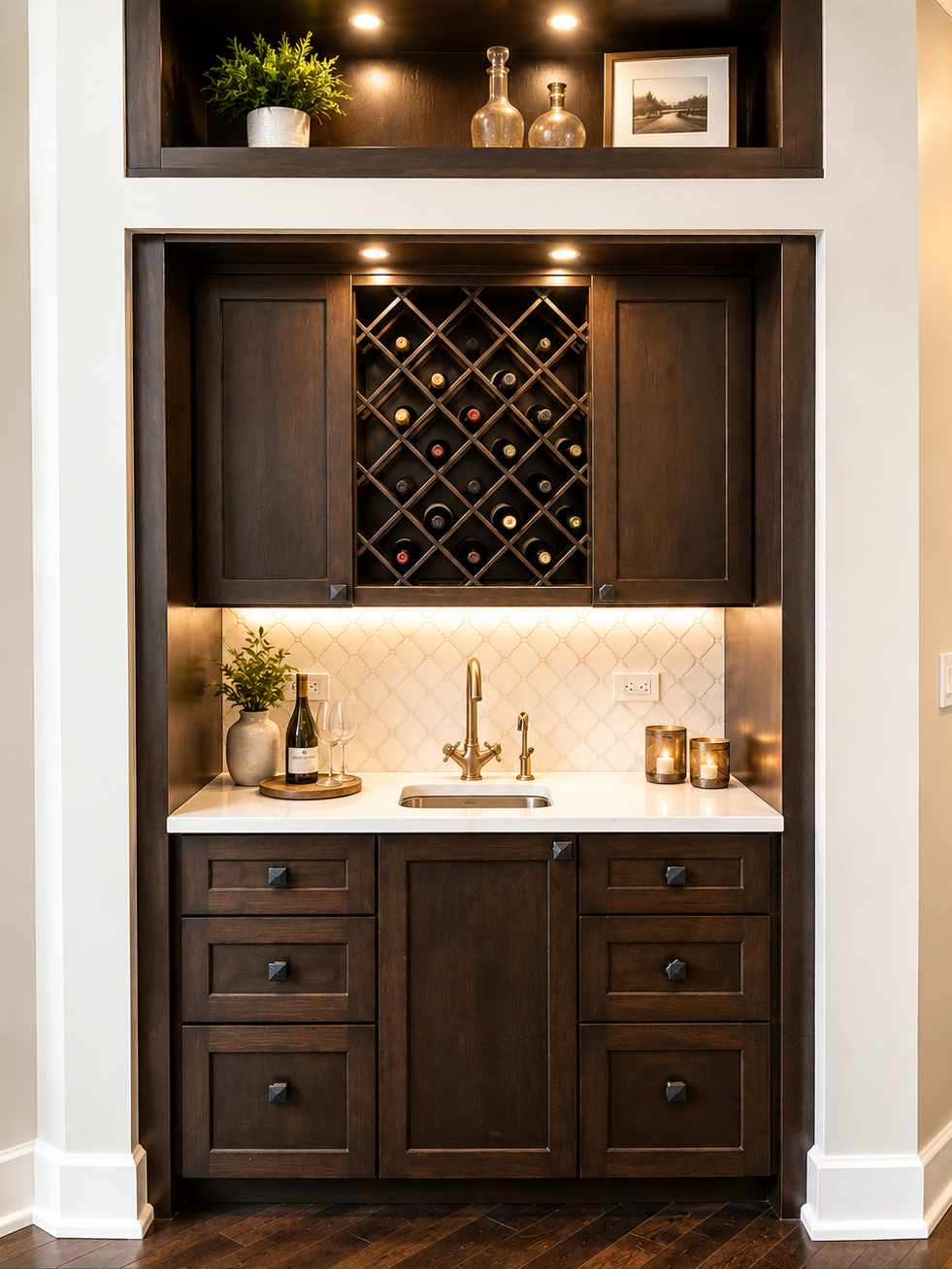 Built-in dark wood bar cabinet with sink, wine rack, and shelves, lit by warm under-cabinet lighting