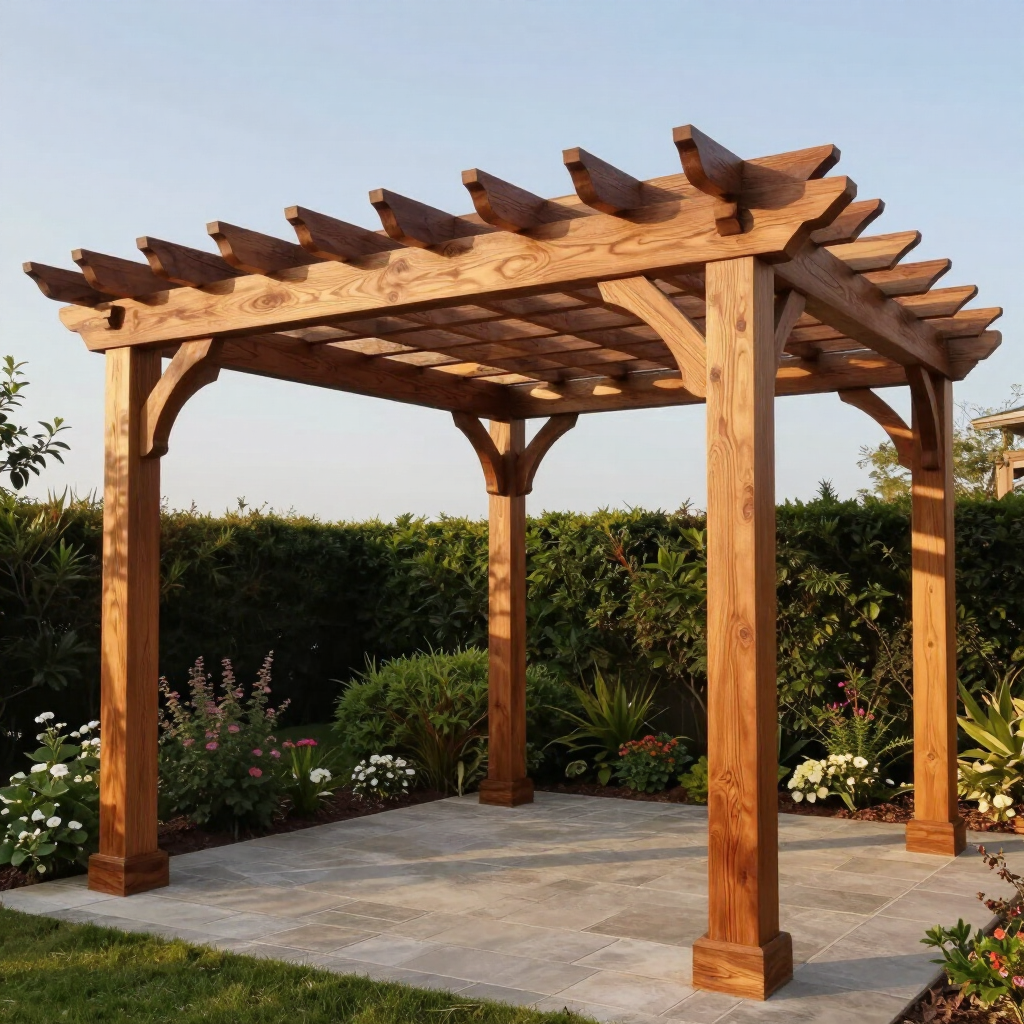 Wooden pergola over a stone patio in a garden, with hedges and flowers around it