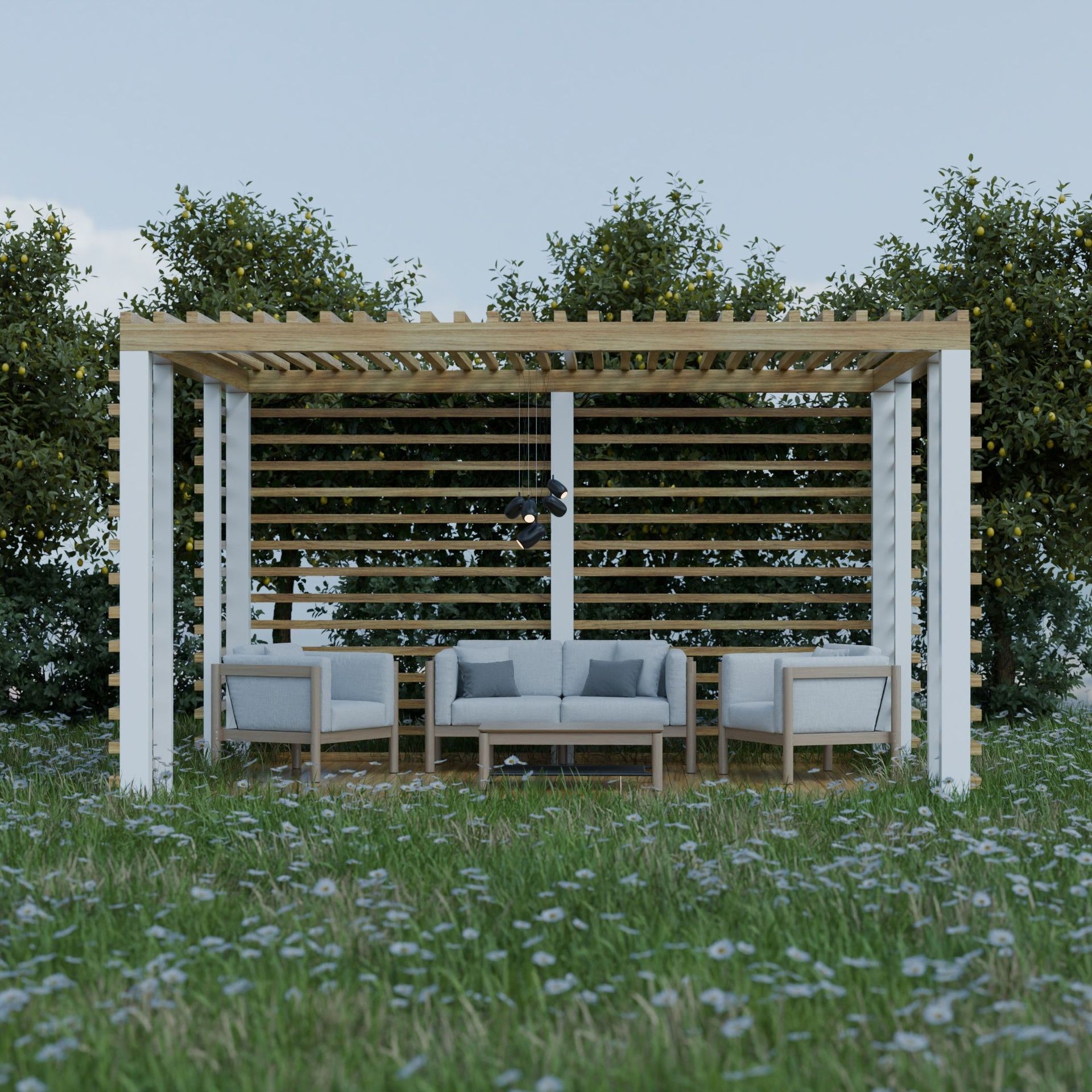 White pergola with gray seating in a grassy garden, backed by trees under a clear sky