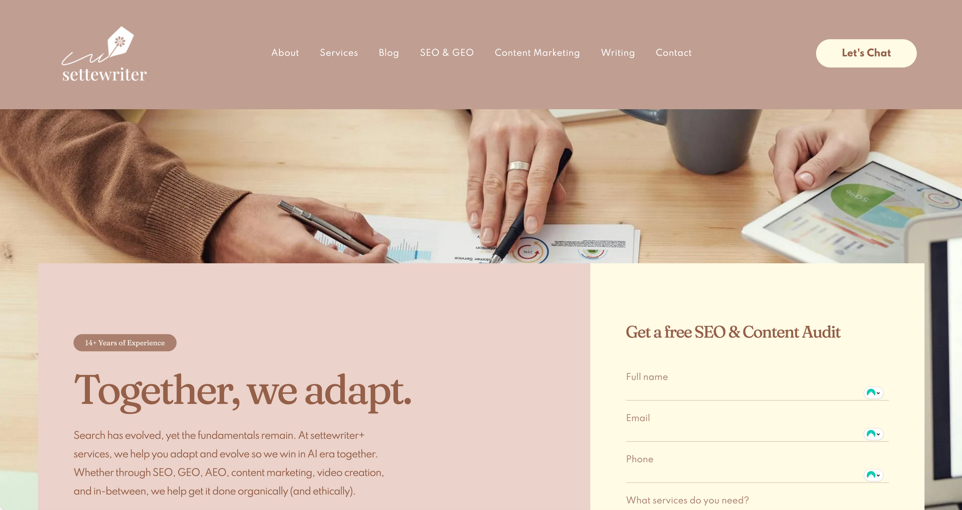 A professional website homepage with a header, navigation menu, and a