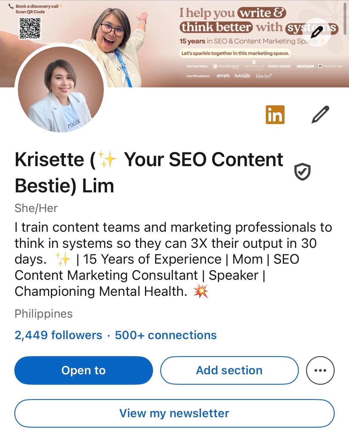 LinkedIn profile for Krisette Lim, showing a headshot, professional headline, and links to her consulting services.