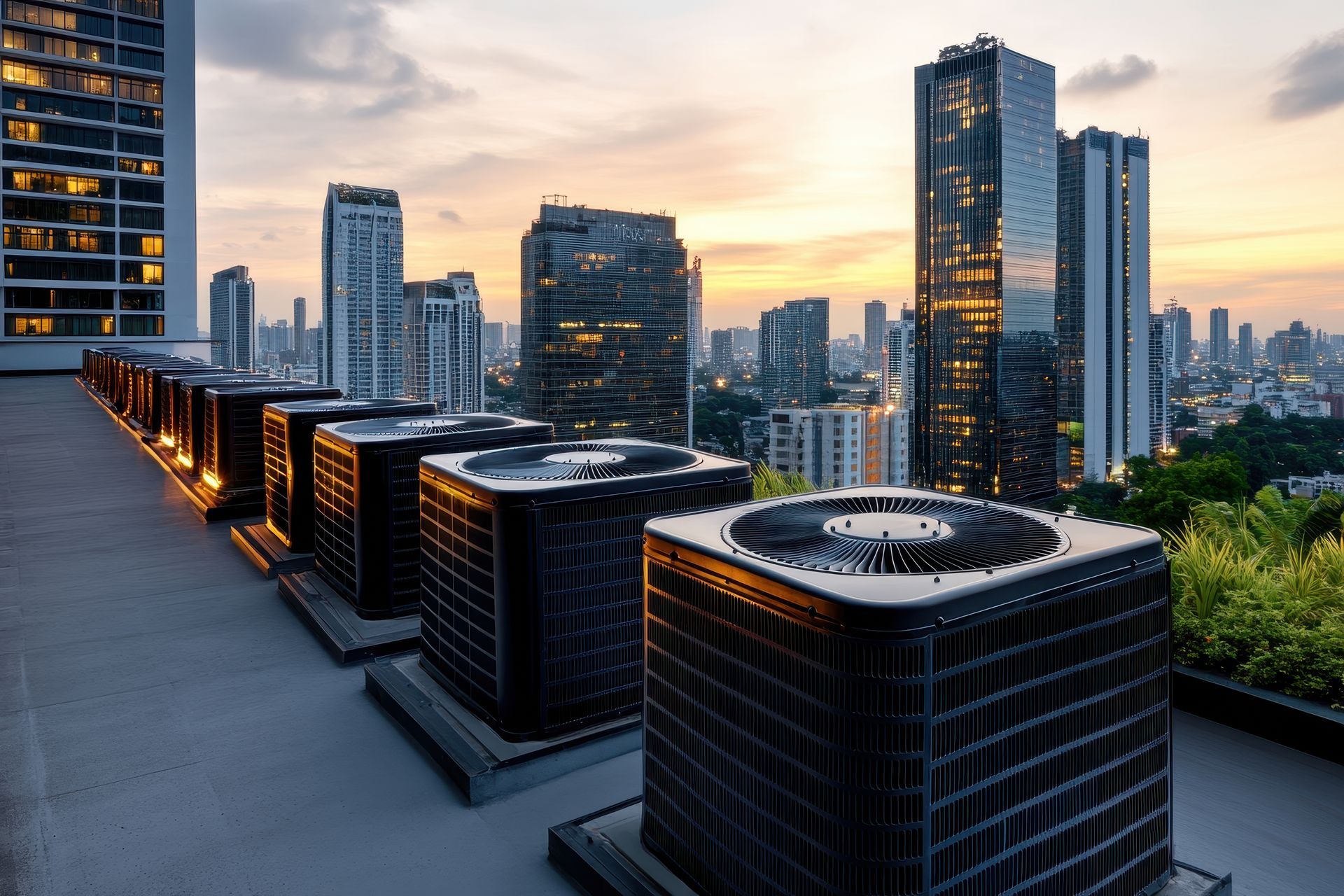 Rooftop air conditioning units with a cityscape background at dusk, showcasing a mix of modern skyscrapers and sunset colors.