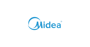 Midea logo: blue circle with a stylized wave, and the brand name in blue text.