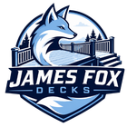 Blue-and-white James Fox Decks logo with a fox head over a deck railing and bold text.