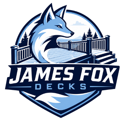 Blue-and-white James Fox Decks logo with a fox head over a deck railing and bold text.
