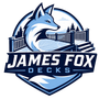 Blue-and-white James Fox Decks logo with a fox head over a deck railing and bold text.