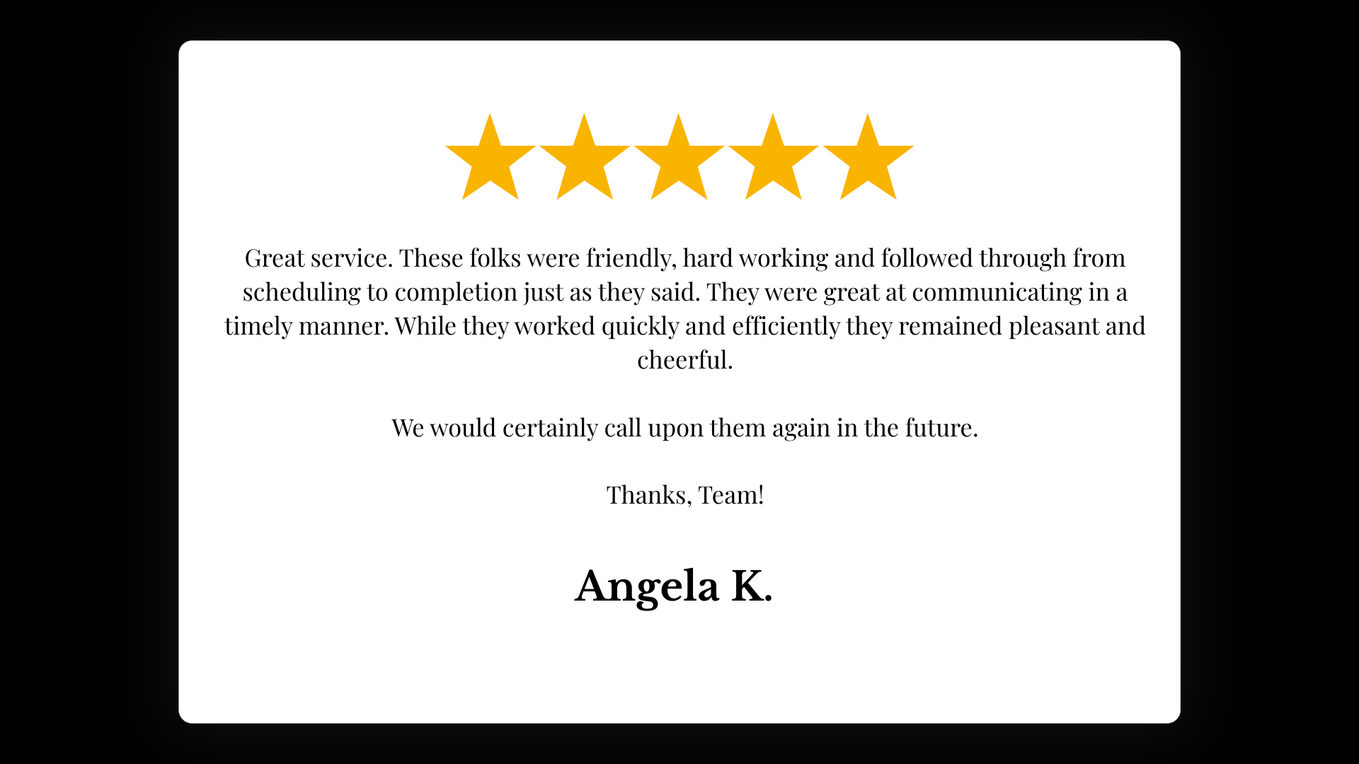 Review with five gold stars and text by Angela K.