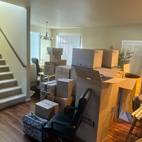 Interior room with numerous cardboard boxes stacked; appears to be in the process of moving.