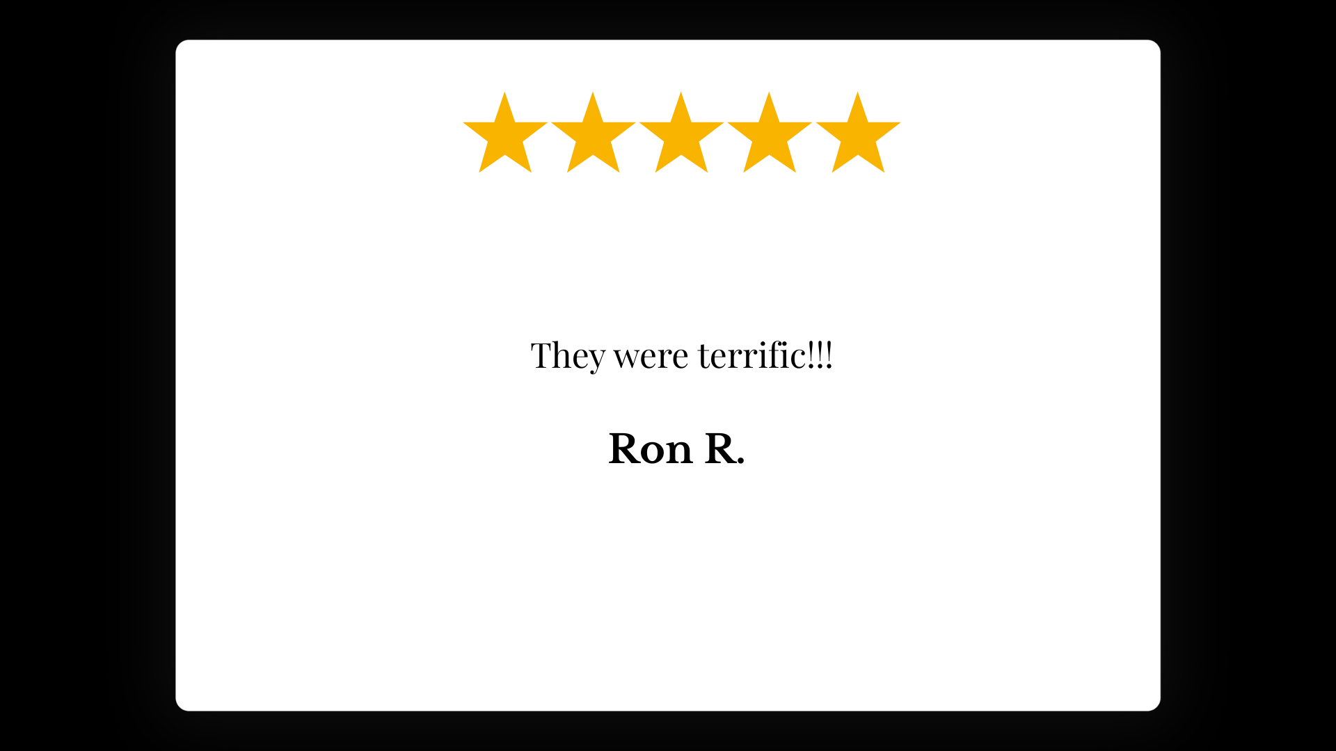 A testimonial with five gold stars, 