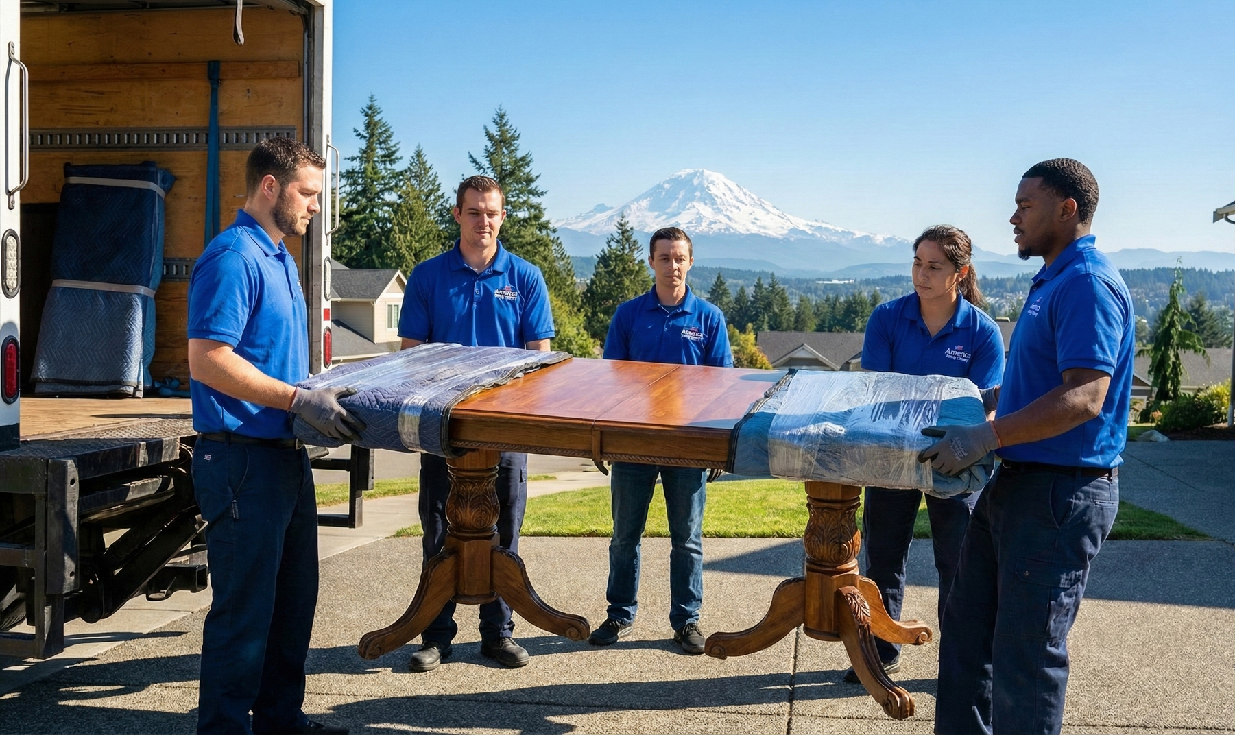 Movers carrying a wrapped, wooden table outdoors, mountains in background.