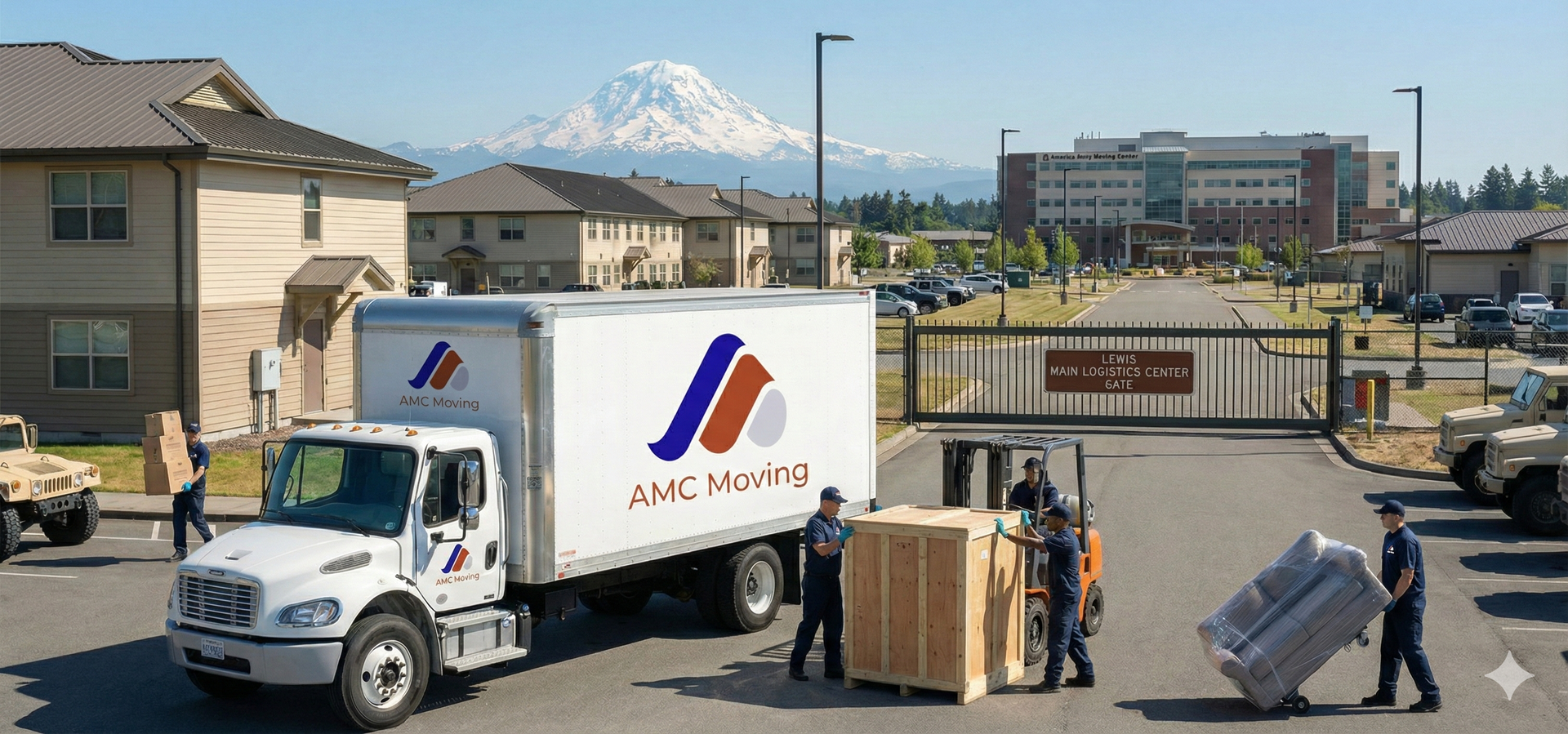 America Moving & Storage truck with workers loading items, a mountain in the background.