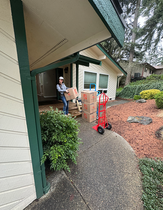 Person carrying boxes outside house with a red hand truck and a shrub.