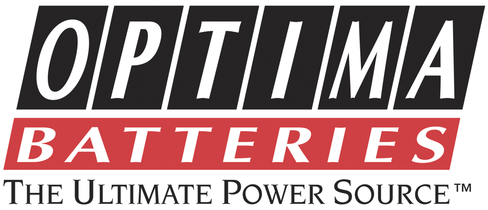 Logo Optima Batteries : « OPTIMA » blanc sur carrés noirs inclinés, « BATTERIES » rouge, « The Ultimate Power Source™ ».