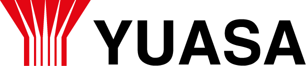 Logo Yuasa : Graphique abstrait rouge avec le texte noir « YUASA ».