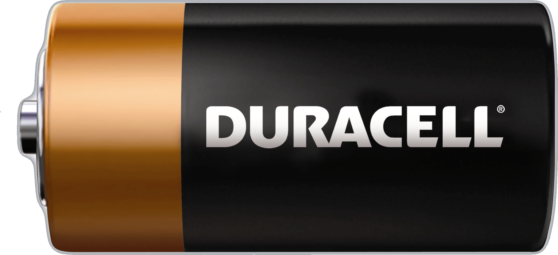 Pile Duracell de type D, cuivre et noire avec texte blanc.