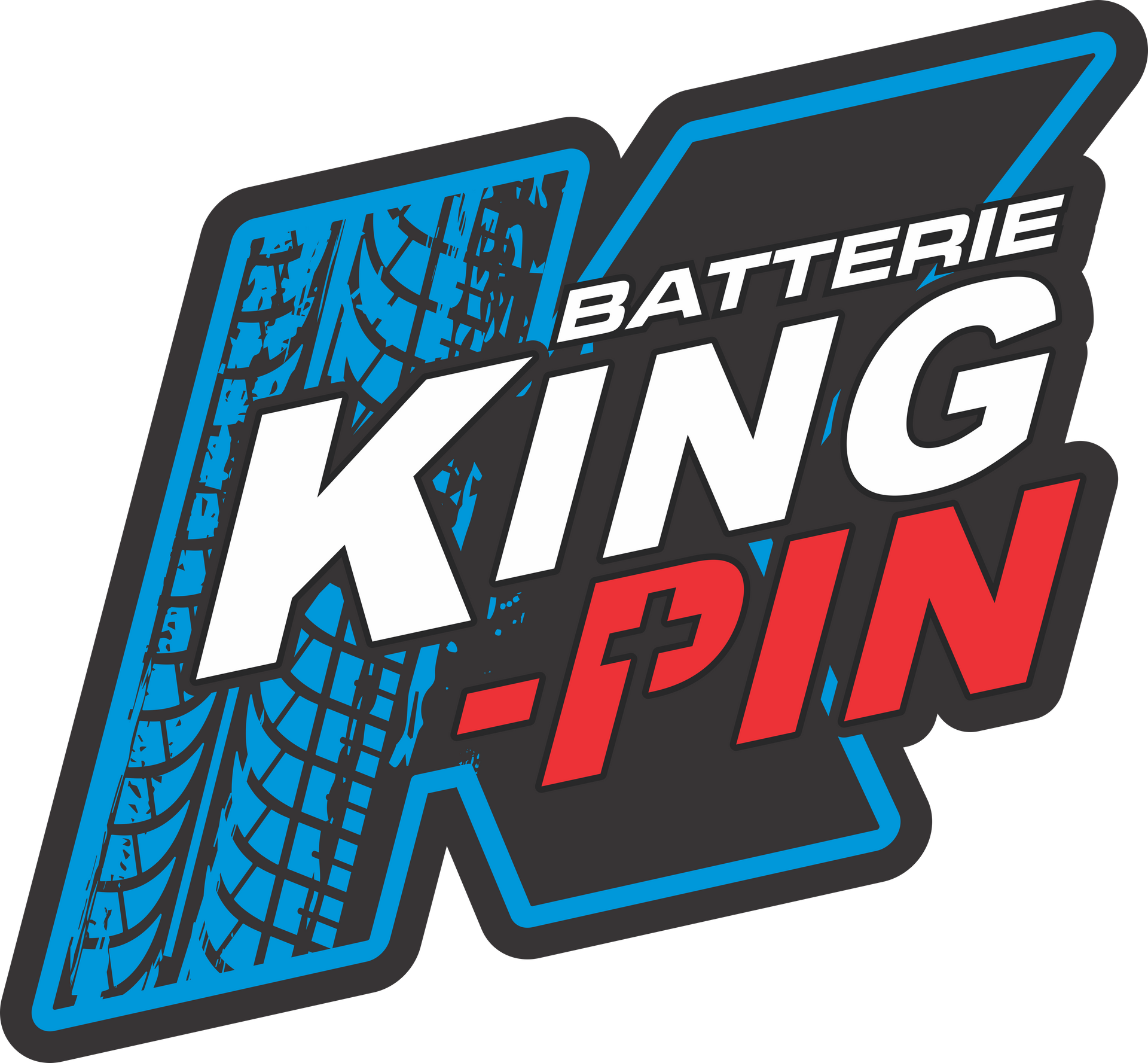 Logo : « BATTERIE KING PIN » en blanc et rouge, traces de pneus en bleu.