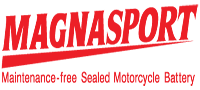 Logo rouge « MAGNASPORT » avec le slogan : « Batterie de moto scellée sans entretien ».