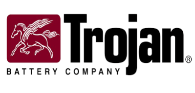 Logo de Trojan Battery Company : Texte noir avec un cheval ailé dans un carré rouge.