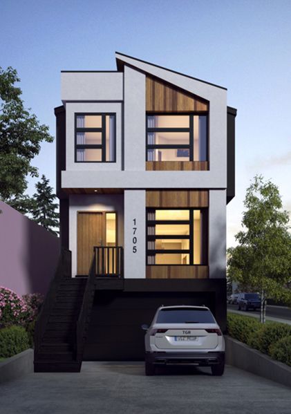 Modern two-story townhouse with white stucco, wood accents, large windows, a front staircase, and a parked silver SUV.