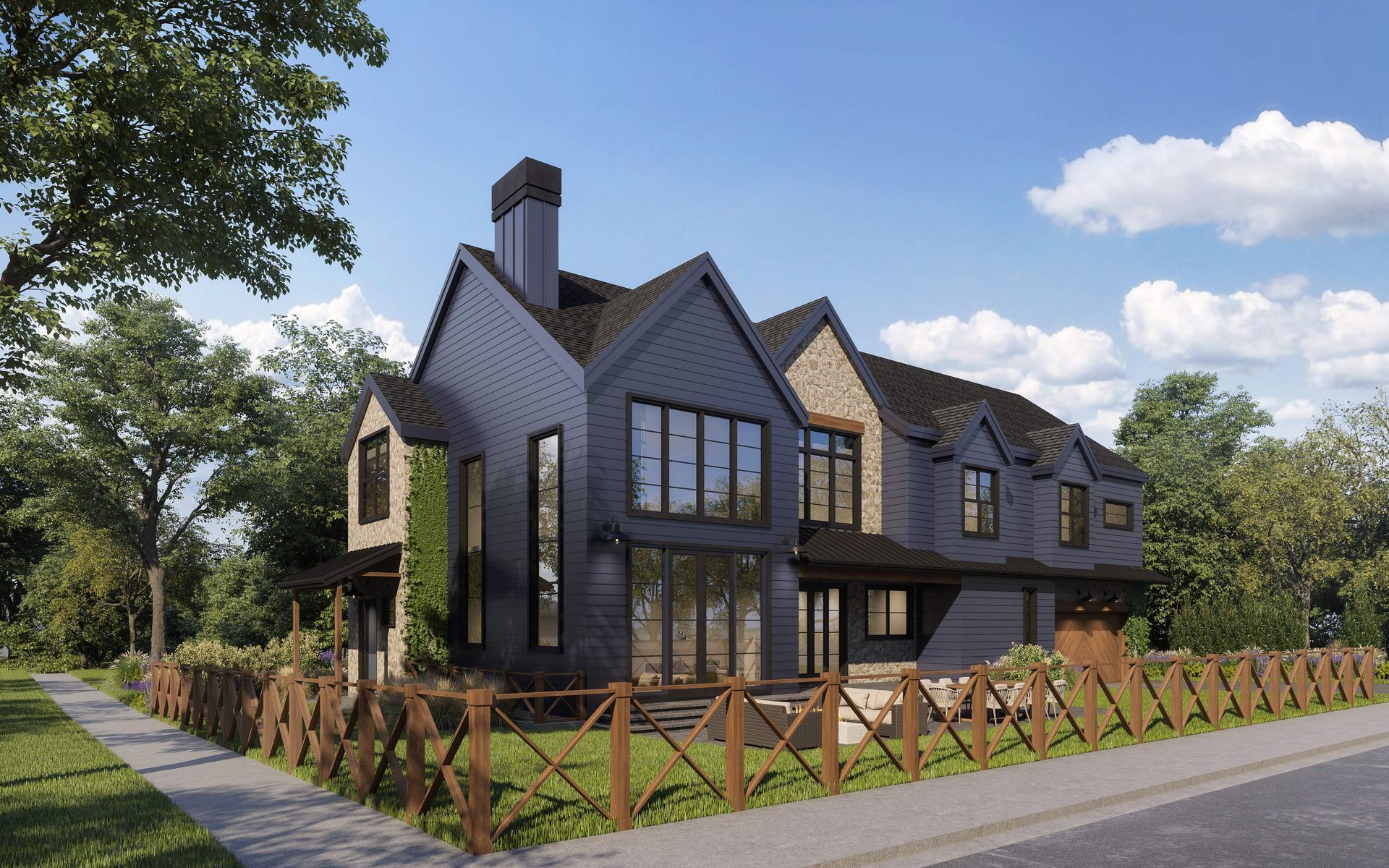 A two-story dark blue house with stone accents, a tall chimney, and a wooden fence, set in a sunny, tree-lined yard.