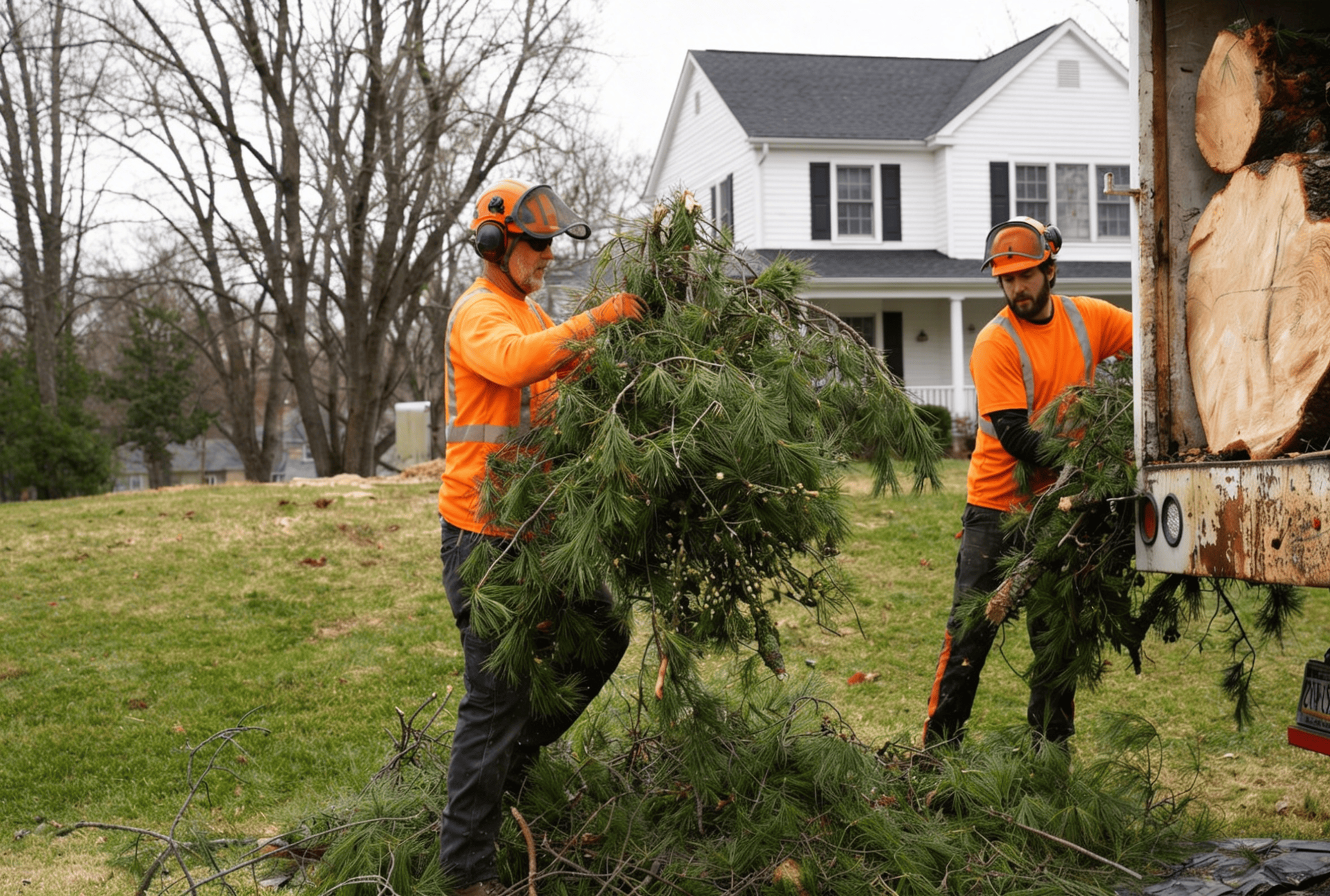 Two workers in orange safety gear move branches beside a tree stump in a suburban yard.