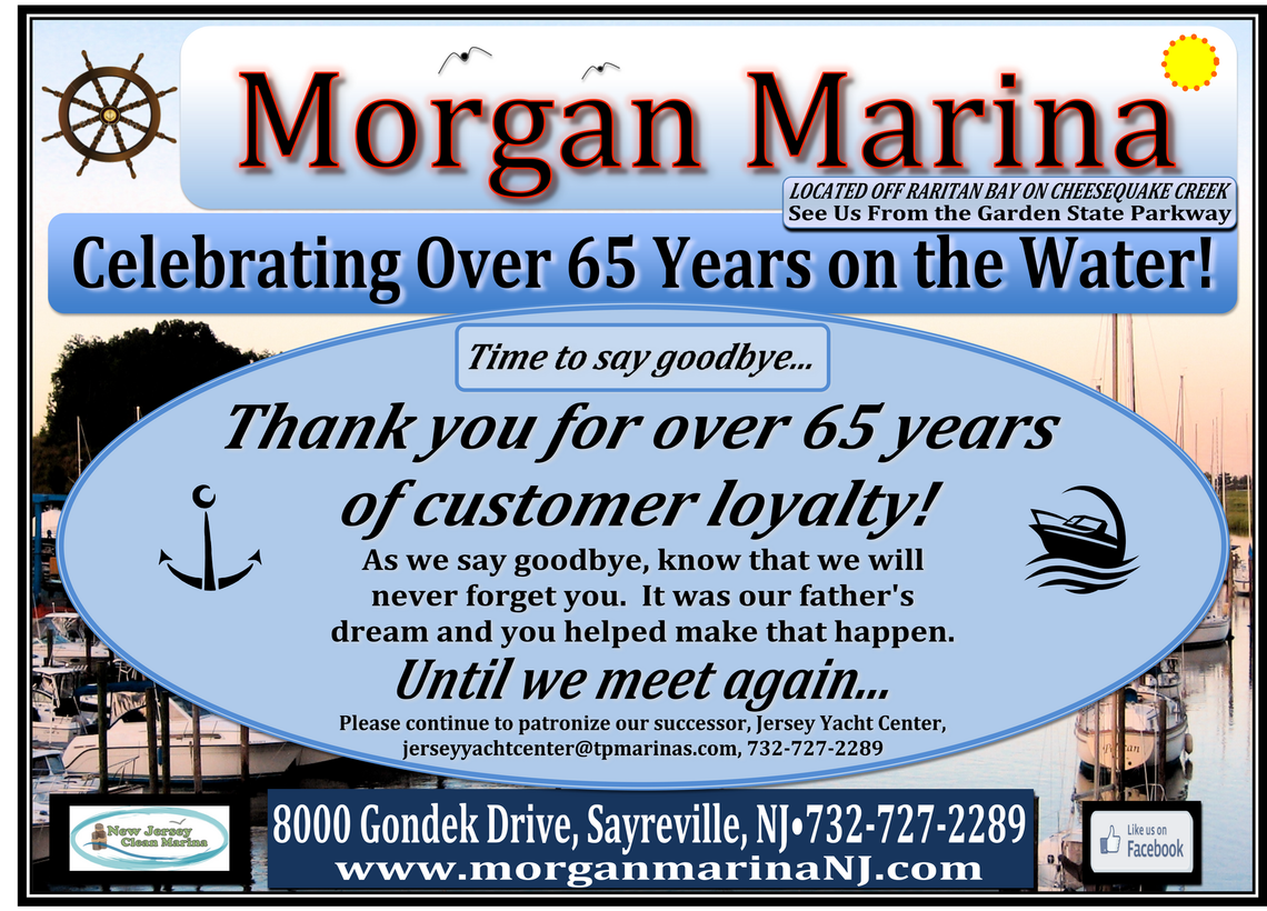 Morgan Marina sign with blue oval farewell message, celebrating over 65 years on the water.