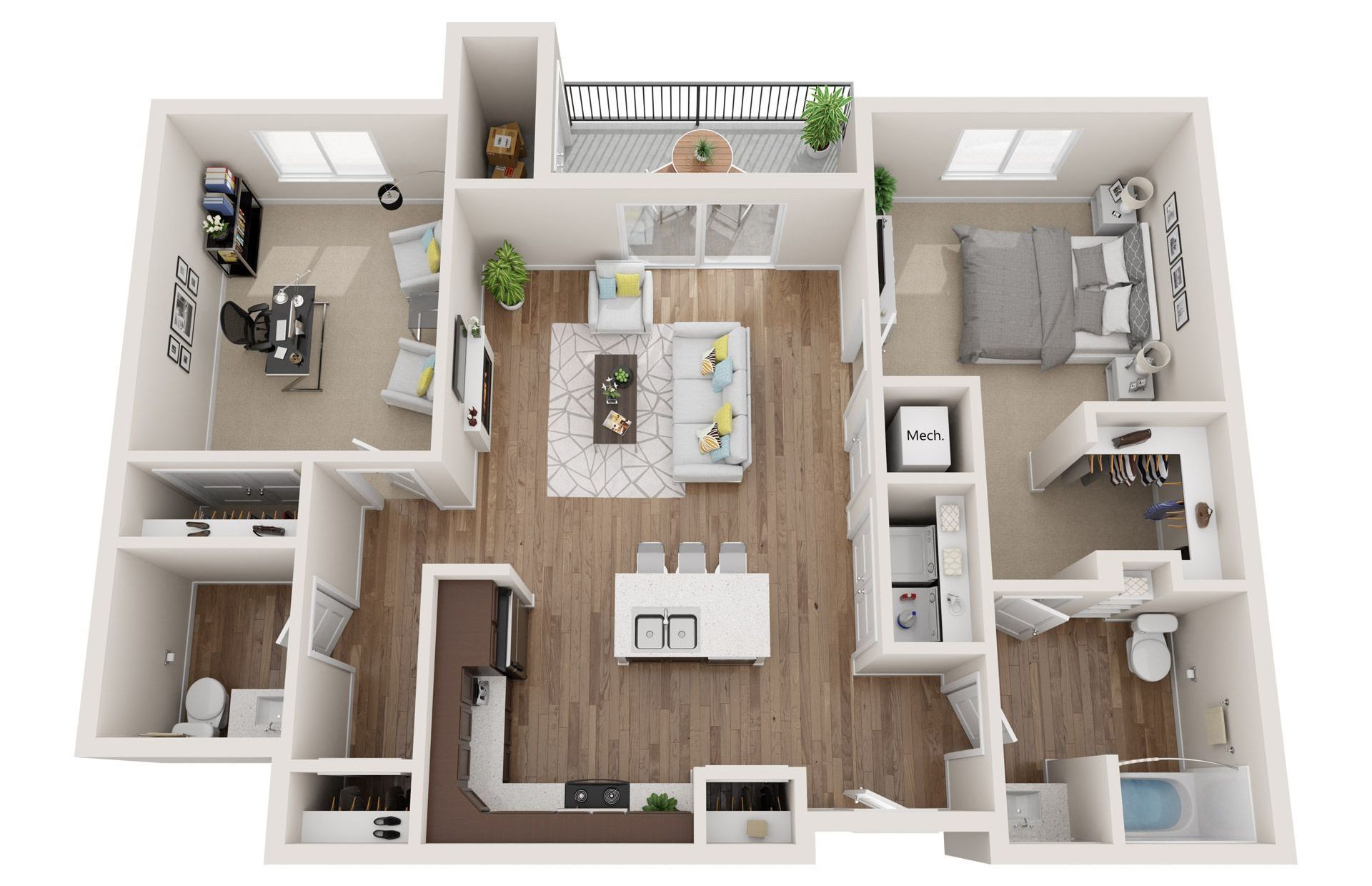 1 Bed Floor Plan with Carpet and Wood Flooring