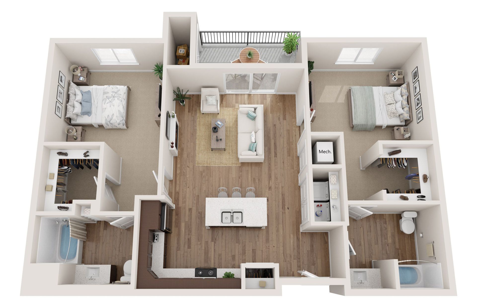 2 Bed 2 Bath Floor Plan with Carpet and Wood Flooring