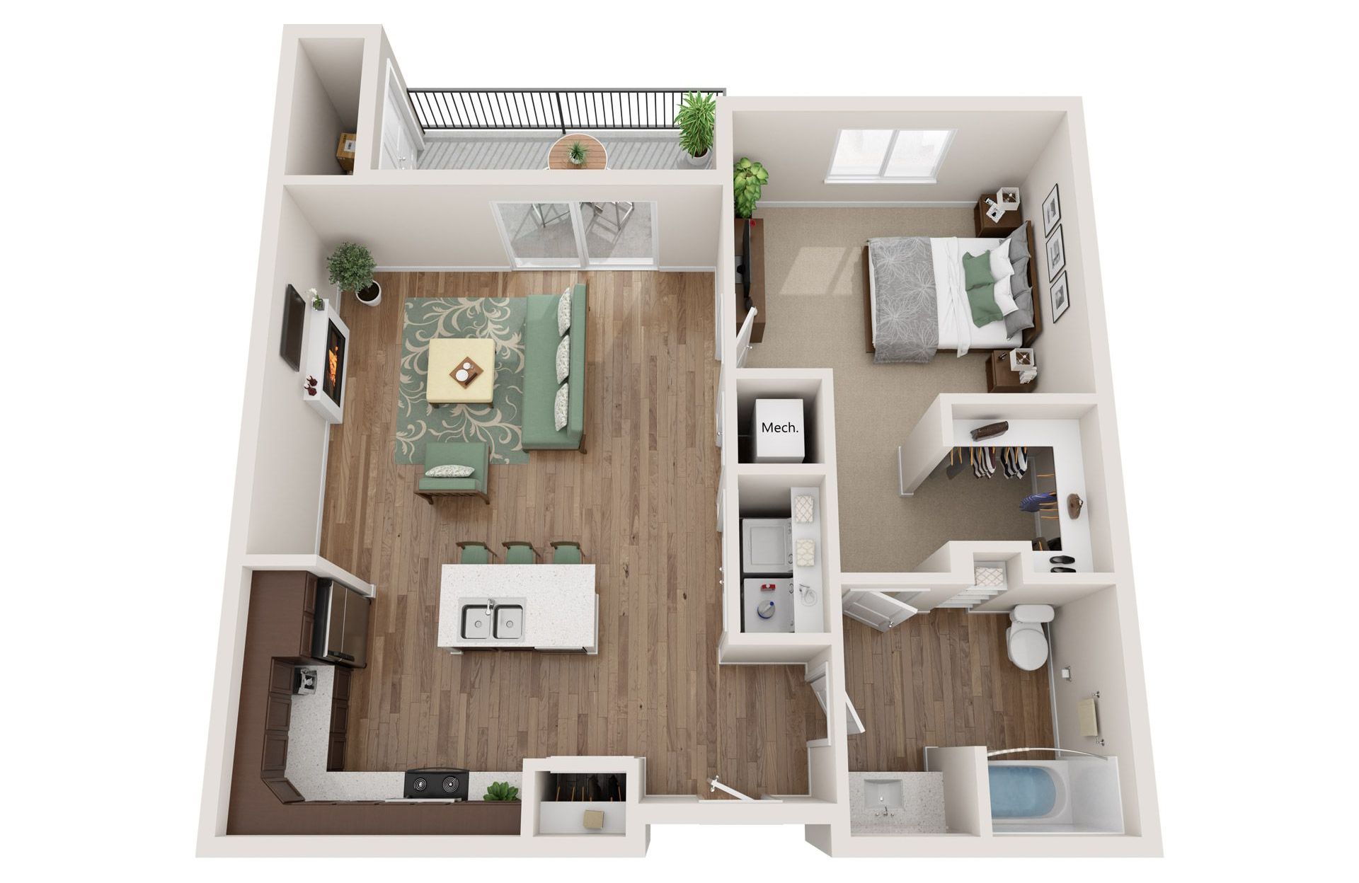 1 Bed Floor Plan with Carpet and Wood Flooring